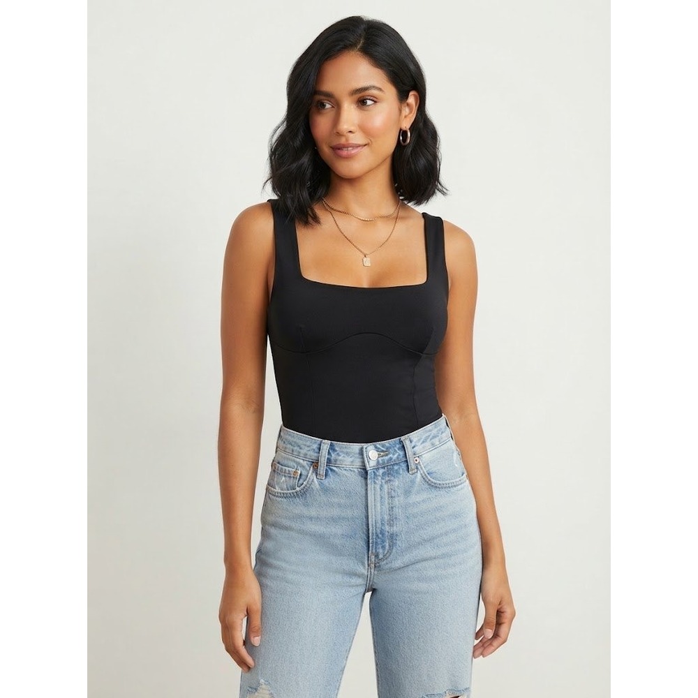 Modern Girl SWS Contour Bodysuit Women Small Black Excellent Square Neck Thong